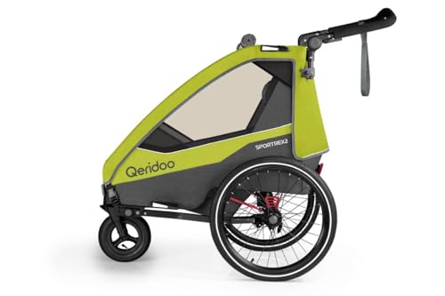 Qeridoo Fahrradanhänger Sportrex 2 Limited Edition Lime Green, faltbar, mit 360 Grad drehbaren, luftgefüllten Buggyrad und patentierten Kopfprotektoren, für 2 Kinder