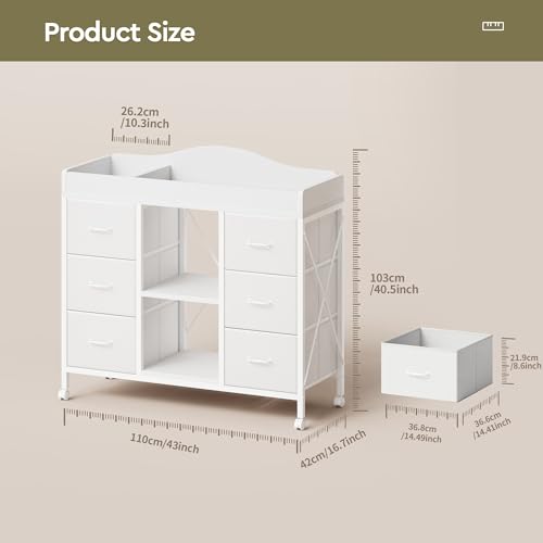 Image of YeTom Changing Table, 6-Drawer Dresser, Adjustable Shelves, Mobile, White | Changing Table Dresser, Waterproof Diaper pad & Safety Strap, 6 drawers, Adjustable shelves, Mobile Nursery Organizer