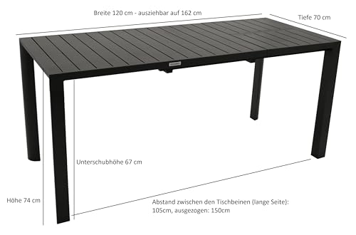 DEGAMO Gartentisch Ausziehtisch Lagos 120/162x70cm, Aluminium anthrazit, Outdoor wetterfest