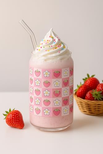 Image of THE UMBRELLA STORE Glass Tumbler Bamboo Lid and Straw, Coffee Tumbler, Reusable Glass (Daisy and Strawberry)
