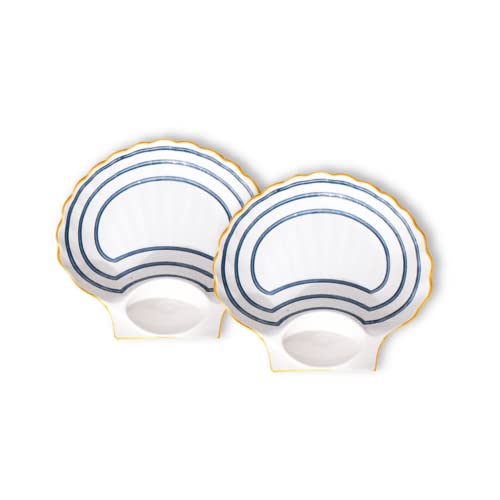 Image of Nestasia Set of 2 Ceramic Shell-Shaped Snack Plate with Dip Section for Chutney | Microwave & Dishwasher Safe Starter Plates | Perfect for Fries, Momos, Sushi, Kebab (White & Blue)