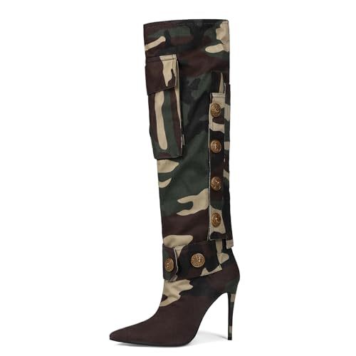 Saint Leia Women's Camouflage Green High Heel Knee-High Boots Pointed-Toe Fashion Tall Boots for Ladies Party Date Dress2