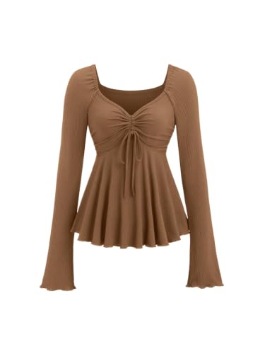 SOLY HUX Women's Long Sleeve Babydoll Tops Y2k Peplum Cute T Shirts