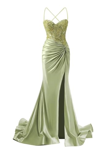 SOLODISH Satin Prom Dresses for Women Spaghetti Straps Lace Applique Corset Mermaid Formal Evening Gown2