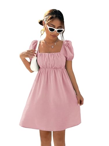 Image of Shasmi Women's & Girl's Dress for Women l One Piece Dress for Women l Beach Dress for Women, Solid Textured Puff Sleeve Square Neck Midi Dress (Dress 115)