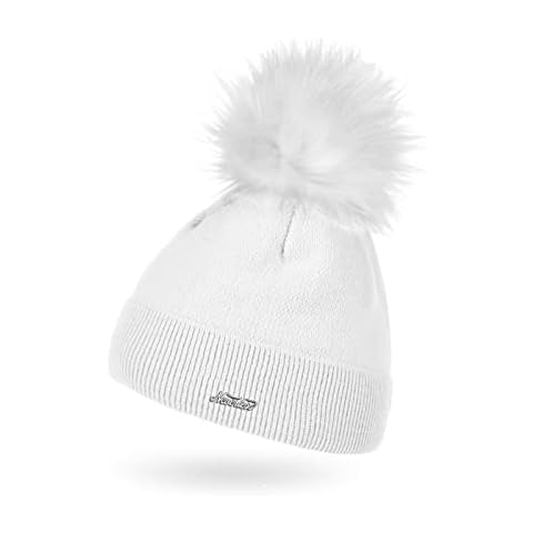 Neverless® Women's Hat Lined Fur Bobble Faux Fur Wool Hat Winter Hat Bobble Hat Fine Knit, White, One Size Fits All Cover