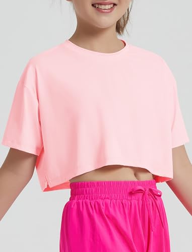 Image of EXARUS Girls Athletic Shirts Quick Dry Workout Split Back Crop Tops 6-14Y | Tween Athletic Sports Soccer Activewear Gym Running Dri Fit Teen Tennis Performance Hiking Short Sleeve Tees Kids 6-14Y