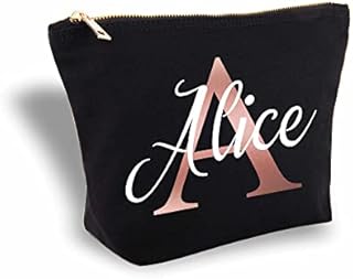 Personalised Makeup Beauty Bag with Rose Gold Initial (Black) (Medium)