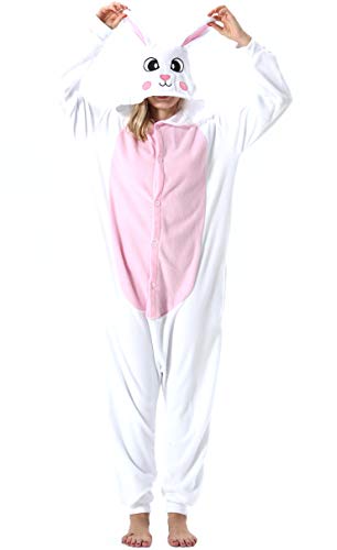 ULEEMARK Adulte Femme Anime Animal Cosplay Halloween Costume Homme Combinaison Pyjama Outfit Nuit Vetements Onesie Soiree de Deguisements Unisexe Blanc Lapin M