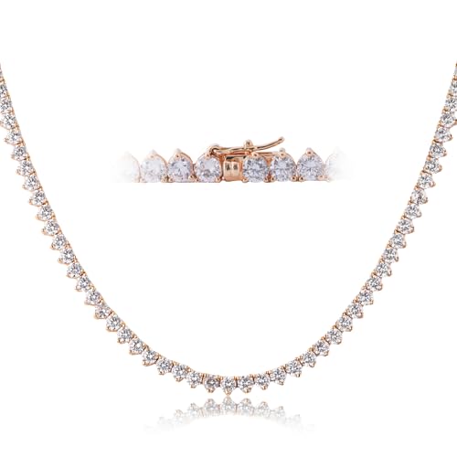 LMWTJE Tennis Necklaces for Women Men | 3 Prong 18K White/Yellow Gold Plated 4mm Round Cubic Zirconia Diamond Chains | Tennis Chain Necklace Size 16 inches (Yellow Gold)