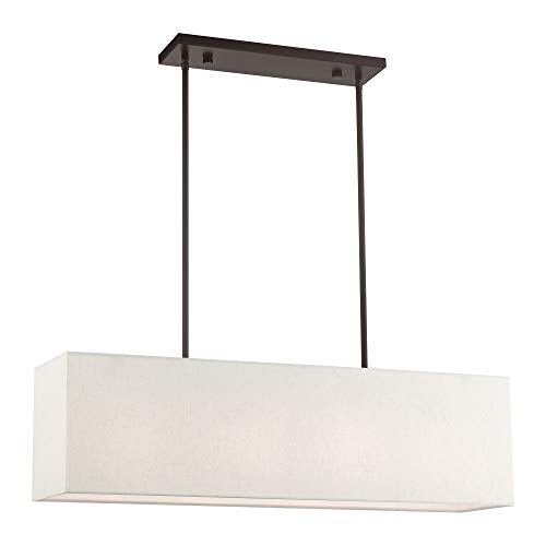 70% Off Discount Livex Lighting 41156-92 Summit English Collection 4-Light Linear Chandelier with Oatmeal and White Fabric Hardback Shade, Bronze