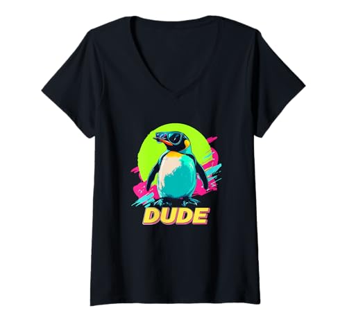 Femme Retro Vintage 80s 90s Dude Emperor Penguin Lover T-Shirt avec Col en V