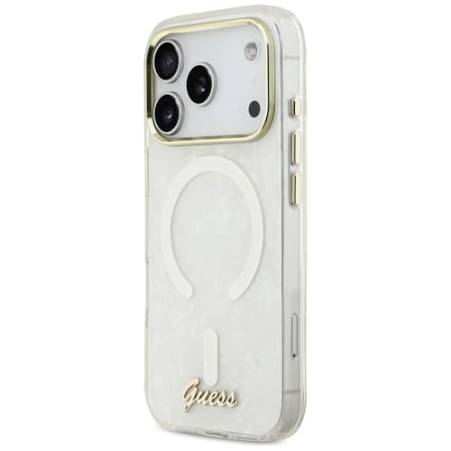 Coque iPhone 17 Pro Max Guess IML Shell Script Metal compatible MagSafe Blanche