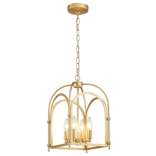 4-Light Gold Chandelier, Modern Farmhouse Lantern Chandelier with Rustic Cage Hanging Pendant...