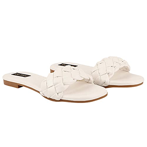 Image of Shoetopia Women's Braided Flat Slip-On Sandals Comfortable || Open-Toe Casual Slides for Summer, Beach