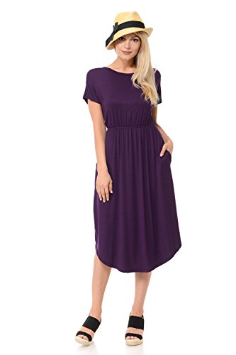 iconic luxe Women's Solid Short Sleeve Flare Midi Dress with Pockets Large Eggplant