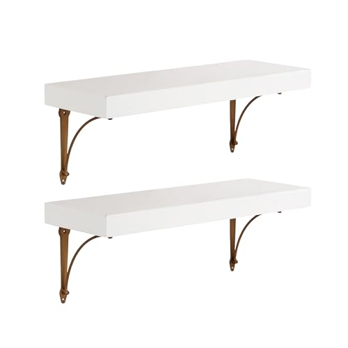 Kate and Laurel Hatley Vintage Glam Ornate Shelves, Set of 2, 24 x 8, White and Antique Brass, Functional Nursery Book Shelves or Bathroom Shelf Decor for Over Toilet Storage and Display by Kate and Laurel - Used condition - US$60.47