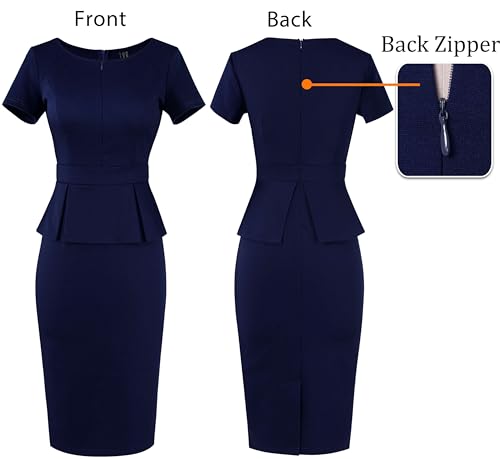 Image of VFSHOW Womens Work Business Office Front Zipper Peplum Bodycon Dresses Elegant Short Sleeve Slim Church Pencil Sheath Dress