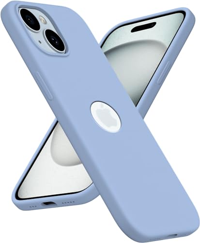 Image of Elzzi Microfiber Logo Cover Compatible for iPhone 15 Case Liquid Silicone Cases Full Body 4 Layer Protective Covers Shockproof Back Cover (Off Blue)