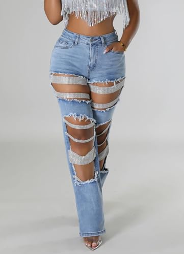 Womens High Waist Ripped Boyfriend Jeans Stretch Skinny Destroyed Rhinestones Pearls Straight Wide Leg Denim Pants3