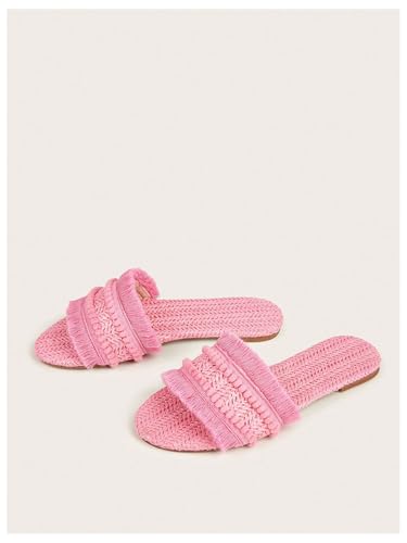 Image of OYOANGLE Women's Fringe Straw Sandals Crochet Open Toe Single Band Flat Slip On Sandals