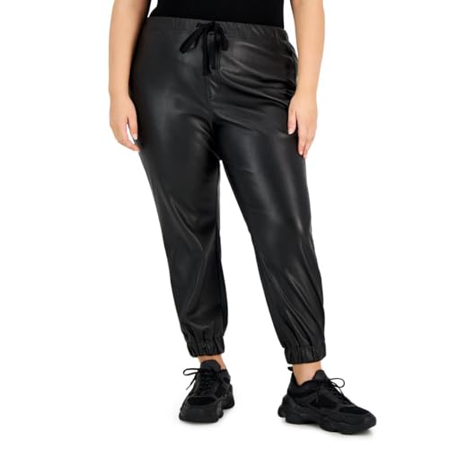 Tinseltown Women's Trendy Plus Size Drawstring Faux Leather Joggers