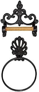 Black Toilet Roll Holder Towel Holder Round, Bathroom Towel Ring Toilet Roll Holder Wall Mounted, Industrial Cast Iron Toilet Paper Holder Towel Rails Wooden Roller Holder, With Screws, Vintage Design