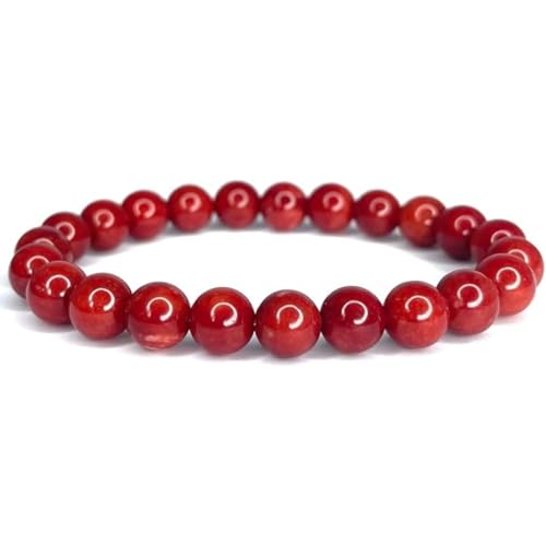 LLUXIA Pulsera de jade rojo coral natural – Perlas de 8 mm – Joya energética regalo mixta para mujer y hombre – piedra natural, hecha a mano, elástica, vitalidad, ancla y confianza