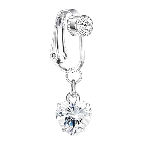 exclucity Fake Silver Belly Navel Clip | No Piercing Belly Button Ring | Non Pierced Heart Dangle Jewelry for Girls & Women | Trendy Clip On Body Jewelry for Party-picture-1