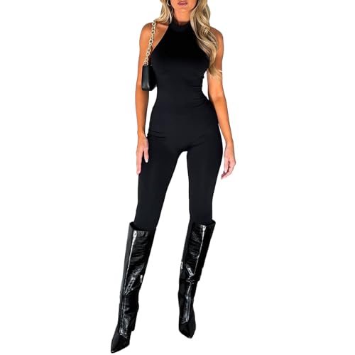 Loalirando Tutina Donna Aderente Tuta Intero Donna Sexy Collo Alto Bodycon Senza Manica Jumpsuit Senza Schienale Slim Fit Elegante Playsuit Sportiva (Nero, S)
