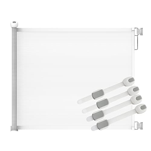 Barriere de securite Enfant Retractable, Extensible (180cm) + 4 Bloc Portes OFFERTS. Barrière de securité bébé, Chien, Chat pour escalier, Cuisine, Piscine, Jardin Exterieur. Sécurité maximale