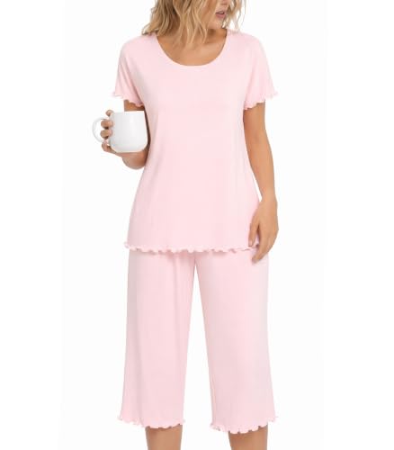Image of NACHILA Women's Bamboo Viscose Pajama Sets Summer Cooling Short Sleeve Capri Soft Pjs Night Sweats Moisture Wicking Sleepwear