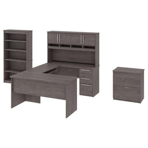 Bestar Innova U or L-Shaped Desk with Hutch, Lateral File Cabinet, and Bookcase, 83W, Bark Grey