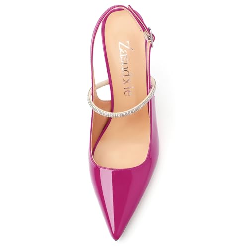 Women's Slingback Kitten Heels, Closed Pointed Toe Patent Leather Stiletto High Heel Pumps Crystal Ankle Strap Heels Party Wedding Dating Dress Shoes 3.35 Inch3