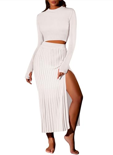 Pink Queen Women's 2024 Fall 2 Piece Outfits Set Knit Crop Top Split Bodycon Midi Skirt Fall Sweater Dresses White S