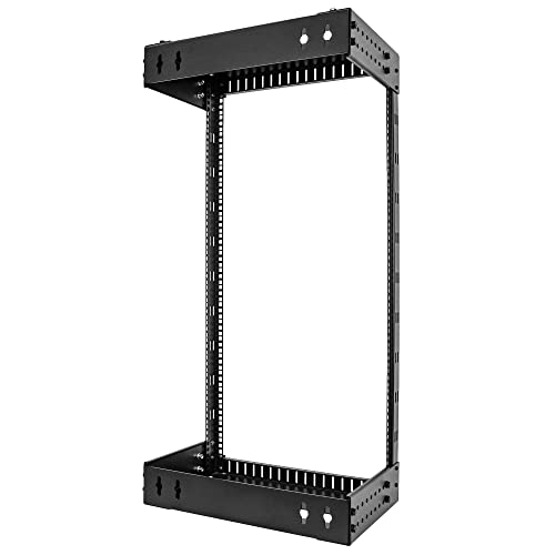 Image of StarTech 21U 2-Post Wall Mount Open Frame Rack, 19in (RACK-21U-20-WALL-OA) | Adjustable depth 12-20in, 2.0mm SPCC cold-rolled steel, M6 cage nuts and screws, Heavy-duty 90kg capacity