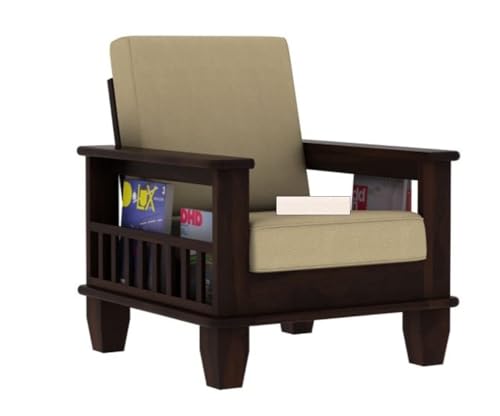 Image of Swangia Art Solid Sheesham Wood 5 Seater Sofa Set with Center Table for Living Room | Wooden 3+1+1 sofa set with Coffee Table for Home | Five Seater Sofas With Storage & Cream Cushion| Mahogany Finish