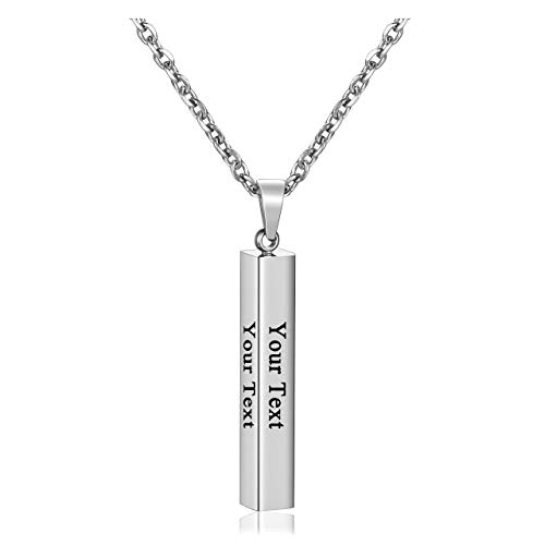 PiercingJ 4 Side Engraving Personalized Custom Message Name Bar Necklace Stainless Steel Pendant Chain for Men Women Valentine's Day Gift Box