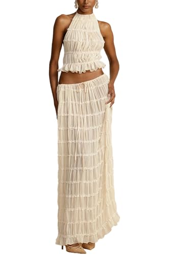 Womens Two Piece Skirt Set Lace Up Sleeveless Tank Top and Flowy Pleated Long Skirt Summer Chiffon Maxi Skirt Beach Set