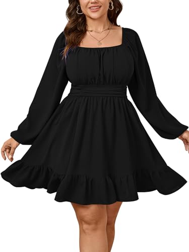 Womens Plus Size Dress Long Lantern Sleeve Square Neck Elastic Waist A-Line Mini Short Dress