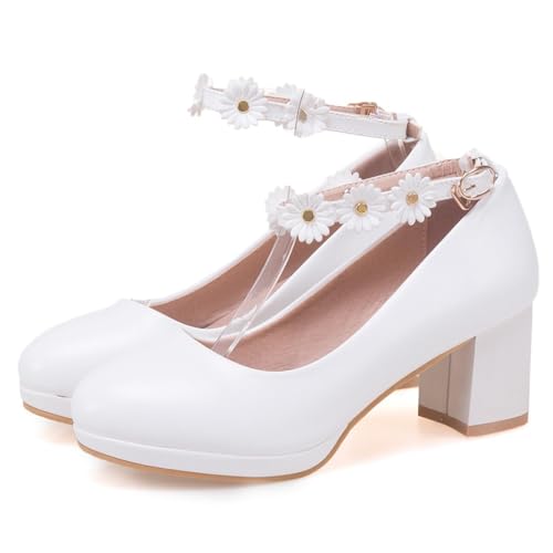 Women's Round Toe Ankle Strap Dress Pumps Shoes Comfortable Mid Heels Flowers Girls Mary Jane Shoe2