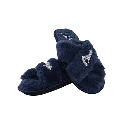 Image of FOCO Womens NFL Team Script Wordmark Fuzzy Cross Slide Slippers
