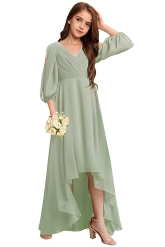 Junior Bridesmaid Dresses for Girls Chiffon Long Sleeves Girls' Special Occasion Dresses High Low Flower Girl Dress3