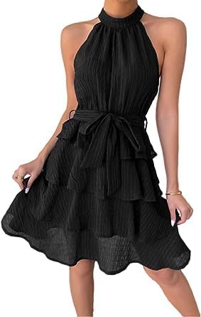 GenericWomen's Summer Sleeveless,Ruffle Belt Casual Layered Mini Swing Dress (S)