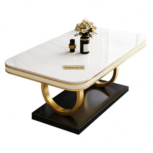 Image of Dining Table with Nano Composite Marble Top & PVC Golden Wooden Base | Fabric Upholstered Chairs | Modern Dining Table Set for Home, Dining Room (Cream, White Marble Top, 4 Seater)