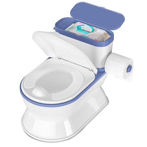 Image of CheerTry 2-in-1 Toddler Potty Training Toilet - Larger Potty Chair & Detachable Training Seat for Boys & Girls Ages 1-3 with Flushing Sound, Wipes Storage, Toilet Paper Holder - Blue