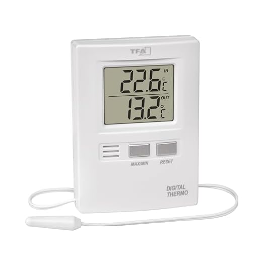 TFA Dostmann digital termometer för inne/ute termometer, högsta och lägsta mätvärden, kontroll av frys/akvarium, digital termometer med kabelgivare, 30.1012