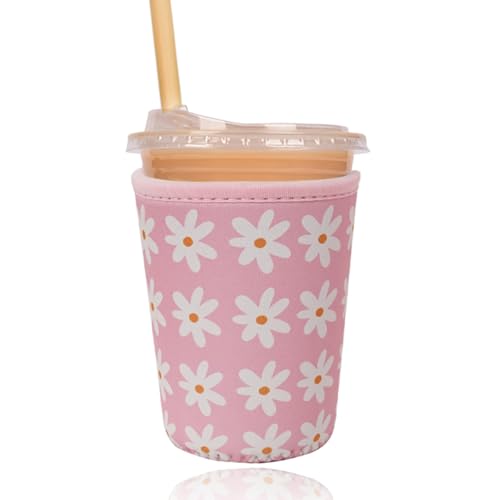 Image of Reusable Insulated Sleeve for Iced Coffee Cup, Coffee Neoprene Sleeve for Cold & Hot Drinks, Beverage Holder for Iced Coffee (Pink Daisies, Small: 16-18oz)