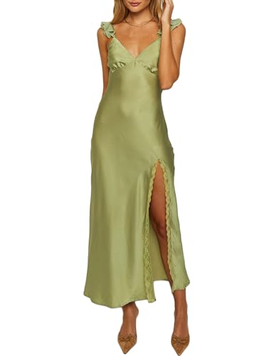 Image of KOUNAI Women's Satin Summer Lace Slit Formal Midi Dress for Wedding Guest