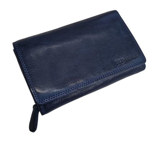Portefeuille pour femme en cuir anti-RFID à fermeture éclair vintage bleu